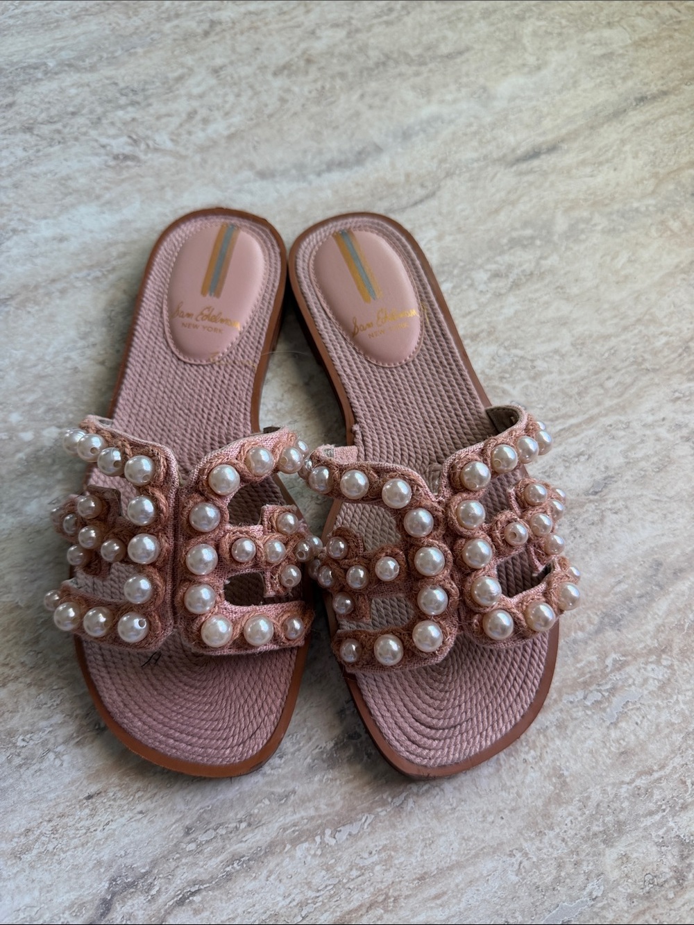 Sam Edelman Pink Pearl-Embellished Slide Sandals